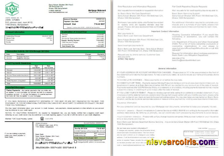 Bangladesh Basic Bank bank mortgage statement, 2 pages, 1-2